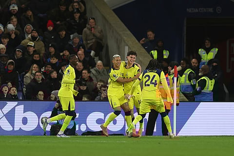 Tottenham's Archie Gray, second from right, celebrates with teammates after scoring the opening goal during the EPL soccer match between Crystal Palace and Tottenham Hotspur in London, Sunday, Dec. 28, 2025. 