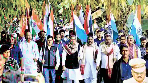 Union Minister Dharmendra Pradhan participating in the padyatra on Sunday