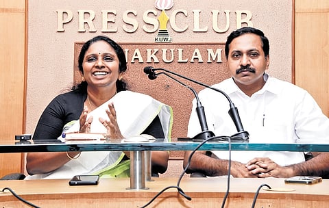 Mayor V K Minimol and Deputy Mayor Deepak Joy during a press meet at the Ernakulam Press Club on Monday.