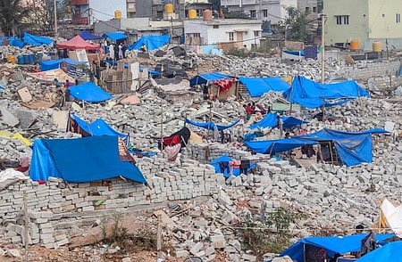 Aerial view of the rubble caused by the demolition drive by BSWML at Kogilu Layout in Yelahanka