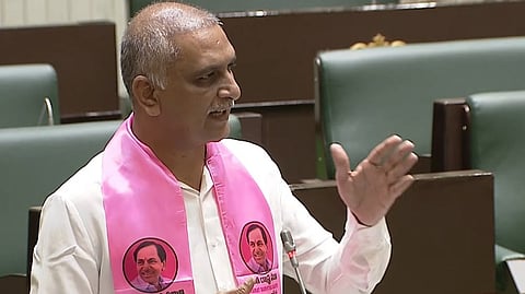 BRS MLA T HArish Rao speaks during the first day of the Assembly session on Monday.