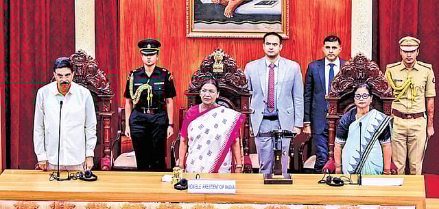President Droupadi Murmu with Governor Hari Babu Kambhampati and Speaker Surama Padhy before her address to the state Assembly/photos: debadatta mallick
