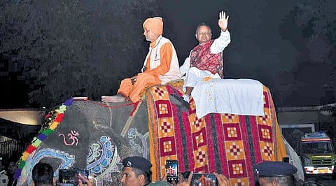 CM Majhi on way to King Kansa’s court atop an elephant in Bargarh | EXPRESS