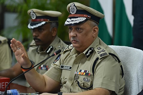 DGP Harish Kumar Gupta addressing the media during the annual review press conference at the AP Police Headquarters in Mangalagiri of Guntur district on Monday. 