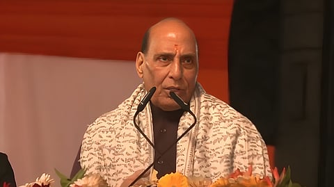 Defence Minister Rajnath Singh addressing a gathering after hoisting a flag at the Annapurna Temple in the Ram Temple complex.