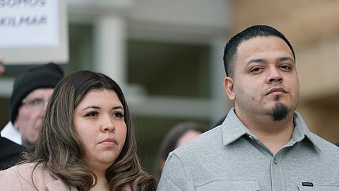 Kilmar Abrego Garcia and his wife, Jennifer Vasquez Sura, leave the United States District Court, District of Maryland, Monday, Dec. 22, 2025, in Greenbelt, Md.