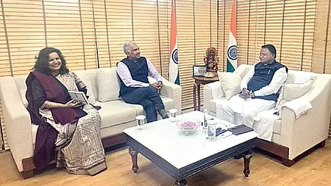 Chief Minister Mohan Charan Majhi with new chief secretary Anu Garg and outgoing CS Manoj Ahuja