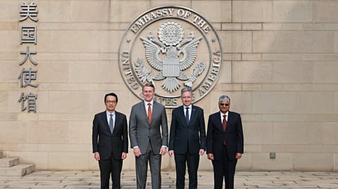 US Ambassador to China David Perdue meets with envoys from Australia, India and Japan at the American Embassy in Beijing on Tuesday.