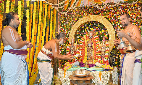 Priests performing special rituals to Lord Narasimha Swamy at Ahobilam temple on Tuesday on the occasion of Mukkoti Ekadasi. 