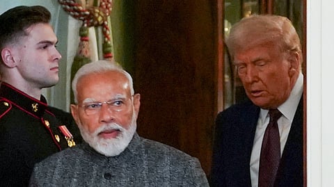In this photo from Feb. 14, 2025, Prime Minister Narendra Modi and US President Donald Trump arrive to deliver a joint press statement after their meeting at the White House, in Washington, DC.