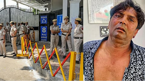 Police personnel outside Delhi CM Rekha Gupta's residence in New Delhi (L). Rajesh Bhai Khimji, accused of attacking Gupta, after detained by Delhi Police (R)