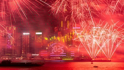 Fireworks explode over Victoria Harbour to celebrate the start of 2025 at Tsim Sha Tsui in Hong Kong, Jan. 1, 2025.