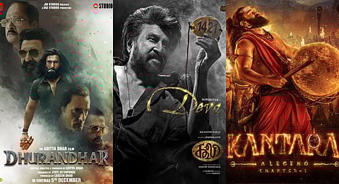 (From  L to R): Posters of 'Dhurandhar', 'Coolie', and 'Kantara: Chapter 1'. 