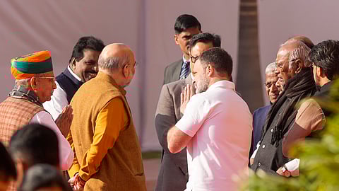 Union Minister Amit Shah with MoS Arjun Ram Meghwal, LoP in the Lok Sabha Rahul Gandhi, LoP in the Rajya Sabha Mallikarjun Kharge.