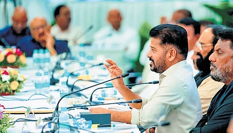 Chief Minister A Revanth Reddy speaks during the PPT presentation at Praja Bhavan in Hyderabad on Thursday