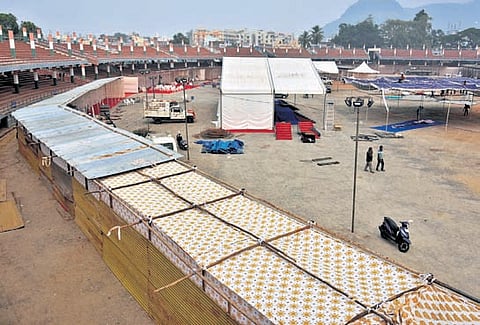 Stalls and stage being set up at the IGMC Stadium, the venue of 36th Vijayawada Book Festival, on Thursday.