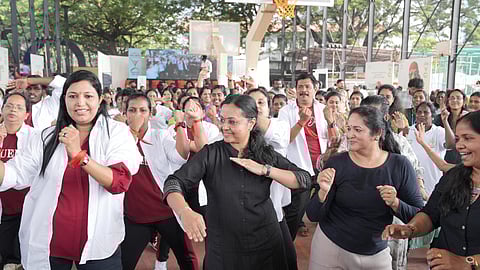 Health Minister Veena George dancing alongside the zumba team during  ‘Arogyam Anandam - Vibe 4 Wellness’. 