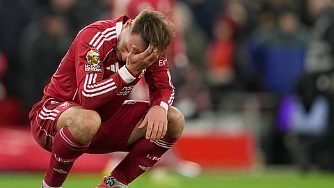 Liverpool's Alexis Mac Allister reacts at the end of the English Premier League soccer match between Liverpool and Leeds United in Liverpool.