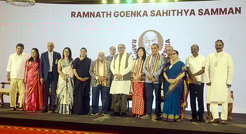 Vice President CP Radhakrishnan with the winners of the 2025 RNGSS awards at the third Ramnath Goenka Sahithya Samman in Chennai.