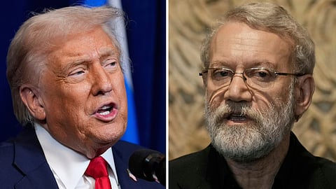 This combo shows President Donald Trump at Mar-a-Lago, Monday, Dec. 29, 2025, in Palm Beach, Fla. and Iranian Secretary of Supreme National Security Council Ali Larijani in Beirut, Lebanon, Wednesday, Aug. 13, 2025.