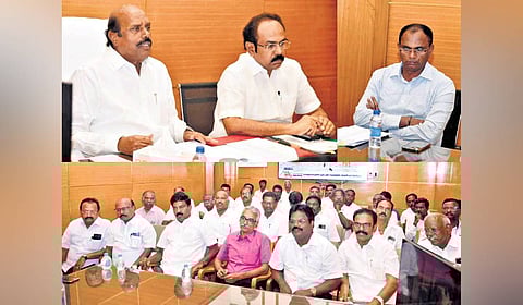 Coordinators of the JACTTO-GEO during discussions with ministers E V Velu and Thangam Thennarasu on Friday.