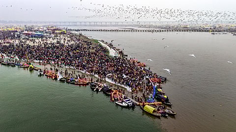  An aerial view of people taking a holy dip at Sangam on the occasion of 'Paush Purnima', marking the start of the 'Magh Mela' festival, on a cold winter morning, in Prayagraj, Saturday, Jan. 3, 2026.