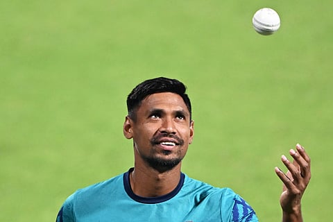 Bangladesh's Mustafizur Rahman attends a practice session at the Eden Gardens in Kolkata on October 30, 2023,