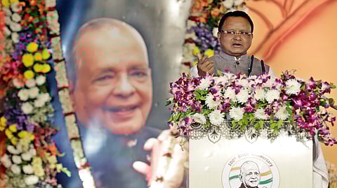 Chief Minister Mohan Charan Majhi addresses the birth centenary function of former CM JB Patnaik. 
