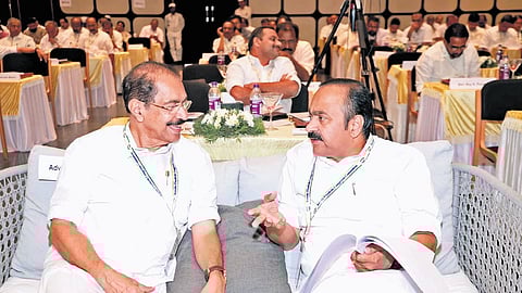 State Congress president Sunny Joseph and Leader of Opposition V D Satheesan interacting during the KPCC leadership summit ‘Lakshya’ at Sultan Bathery in Wayanad.