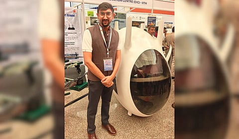 Ketan Chaturmata with the prototype Air Taxi in the IITH in Kandi of Sangareddy district in Telangana on Saturday