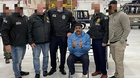 Venezuelan President Nicolás Maduro being pictured in handcuffs upon arrival at a New York airport