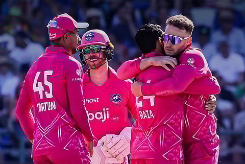 Paarl Royals players celebrate a wicket during their match against MI Cape Town on Sunday