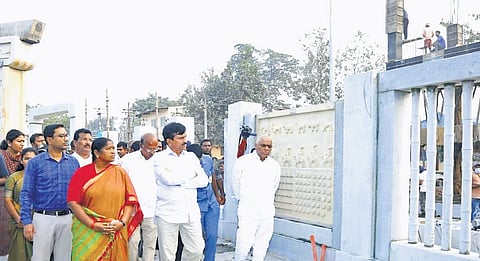 Ministers Danasari Anasuya and P Srinivasa Reddy review works at Medaram.