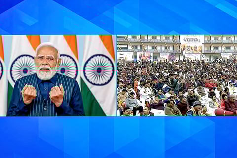 A splitscreen shows Prime Minister Narendra Modi, left, addressing the inauguration of the 72nd National Volleyball Tournament, in Varanasi, right, via video conferencing from New Delhi.