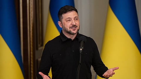 Ukraine's President Volodymyr Zelenskyy speaks during a briefing in Kyiv, Ukraine, Saturday, Jan. 3, 2026.
