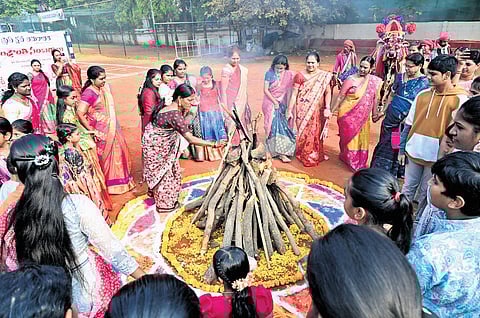 Journalists and their families take part in Sankranti celebrations organised by the Amaravati Press Club on Sunday