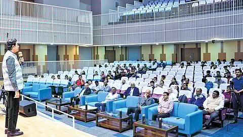 Senior bureaucrat Jayesh Ranjan addresses students during the 3rd Innovation Day at the Indian Institute of Technology, Hyderabad, on Saturday.