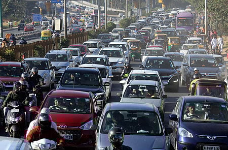 Traffic jam seen on Ballari Road in Bengaluru on Wednesday.