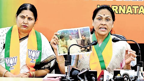 Union Minister of State Shobha Karandlaje addresses the media at the BJP head office in Bengaluru on Sunday.