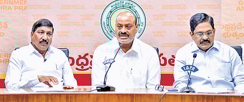 Agriculture Minister Kinjarapu Atchannaidu addressing the media at Secretariat in Velagapudi on Monday. R&B Minister BC Janardhan Reddy (L) is also seen