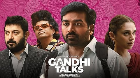 Arvind Swami, Siddharth Jadhav, Vijay Sethupathi and Aditi Rao Hydari in the poster from Gandhi Talks