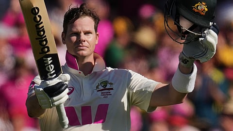 Steve Smith celebrates after scoring a century during play on day three of the fifth and final Ashes Test between England and Australia in Sydney. (Photo | AP)