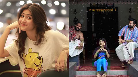 Riya Shibu, still from Sarvam Maya ft Aju Varghese, Riju and Nivin Pauly (L-R)