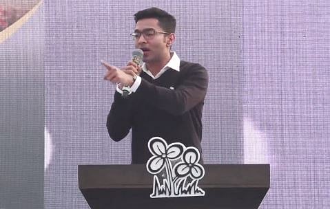 TMC leader Abhishek Banerjee  speaks at a public rally at Rampurhat in Birbhum district.  