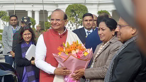 The Lieutenant Governor of Delhi Vinai Kumar Saxena, Chief Minister Rekha Gupta and Speaker Vijender Gupta during 1st Day of the Winter session of the Delhi Legislative Assembly on Monday, 