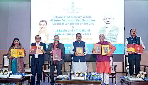 Union Education Minister Dharmendra Pradhan and others during the release ceremony of Publications on Classical Languages held at Kaushal Bhawan, in New Delhi on January 06, 2026.