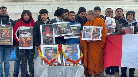 Members of the Bangladesh Hindu-Buddhist-Christian Unity Council, Paris, and the Bureau of Human Rights and Justice stage a demonstration in Paris.