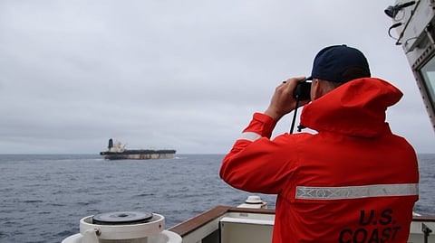 This undated handout photo released on January 7, 2026, by the US European Command's X account shows what US European Command says is the seizure of the M/V Bella 1 oil tanker in the northern Atlantic Ocean.