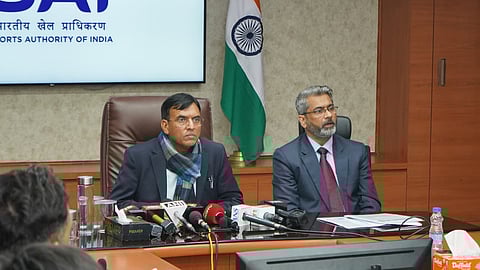 Sports minister Mansukh Mandaviya and AIFF president Kalyan Chaubey during a press conference on Tuesday