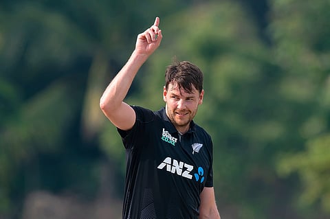 New Zealand's Jacob Duffy celebrates the wicket of Sri Lanka's Pathum Nissanka during the first ODI cricket.